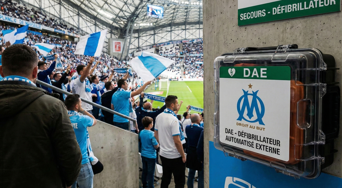 Un boîtier mural de défibrillateur automatisé externe (DAE) est fixé sur un mur en béton dans les tribunes du Stade Vélodrome à Marseille